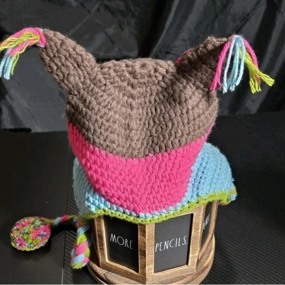 Hand Crocheted Owl Infant Cap Beanie Braided Ear Flaps Button‎ Eyes Toddler